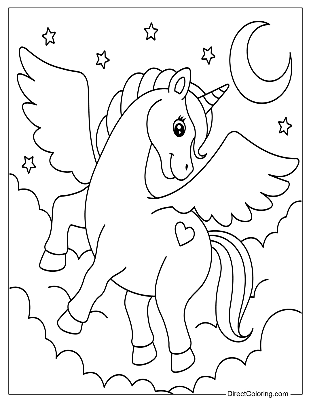 Unicorn with Moon Free Coloring Page